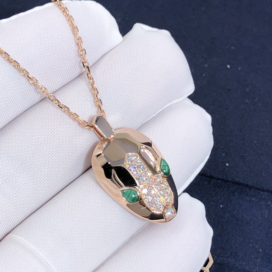 Bulgari Serpenti Necklace Custom Made in 18K Rose Gold with Malachite Eyes and Demi Pavé Diamonds